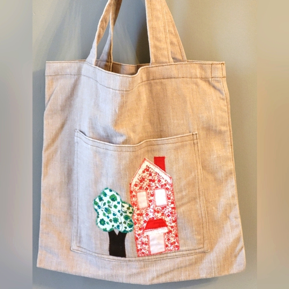 Handmade Kahki Denim Appliqued Tote Bag